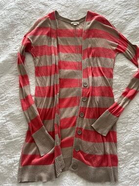 Caslon Striped Long Cardigan Sweater - Coral & Taupe